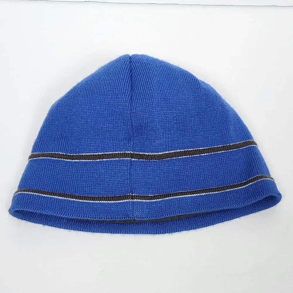 The North Face Hat Beanie Boys Medium Blue Fleece Lined Stripe Knit Logo